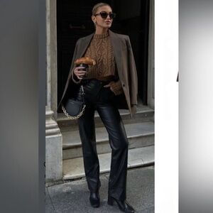 Zara STRAIGHT LEG MID RISE FAUX LEATHER LONG LENGTH PANTS